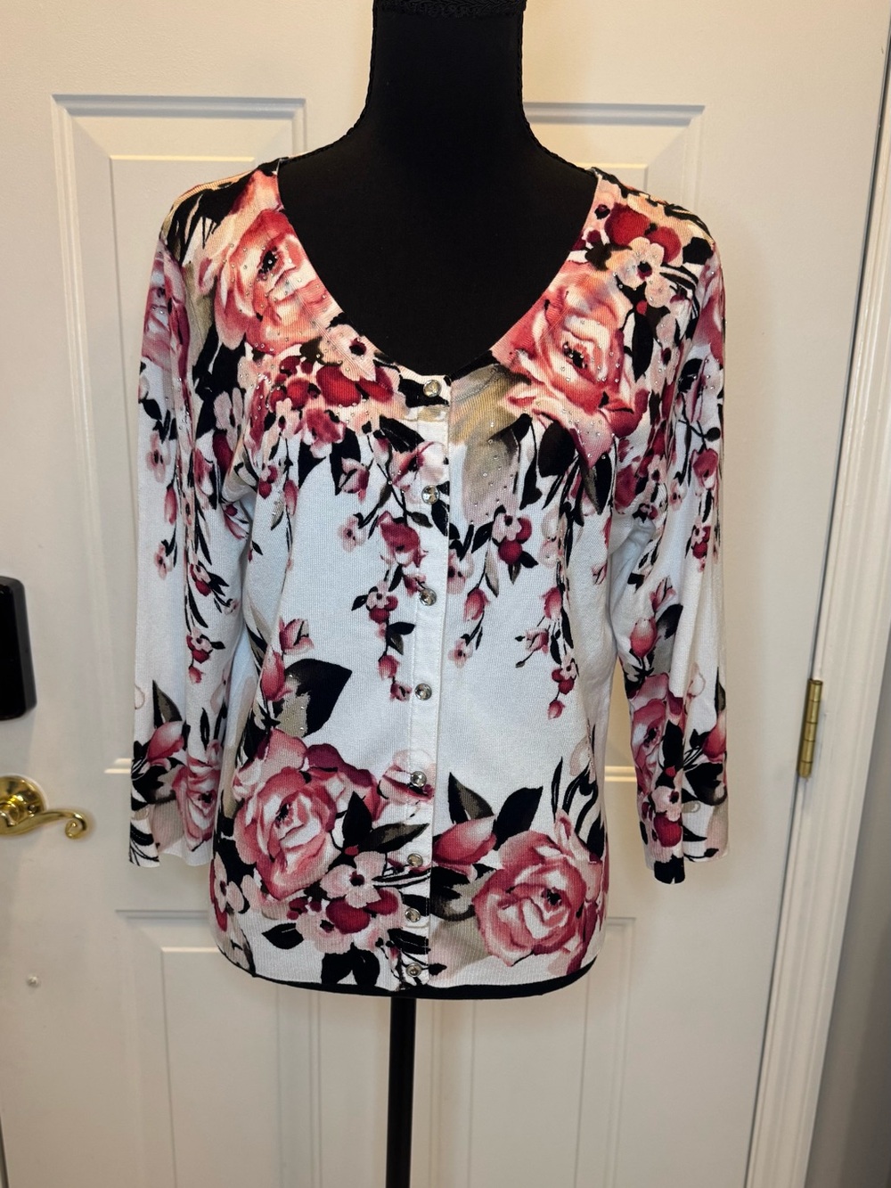 White House Black Market White Button-Front Top with Pink Floral Print